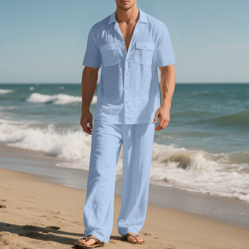 Simple Workwear Short Sleeve Shirt Trousers Suit Men