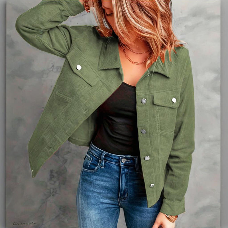 Women's Corduroy Long Sleeve Jacket - Casual Button-Up Coat With Flap Pockets, Fall & Spring Fashion Outerwear