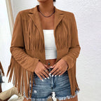 Women's Solid Color Fashion Lapel Loose Fit Fringe Long Sleeve Jacket - Stylish Tassel Detail On Chest & Sleeves For Fall&Winter Casual Wear