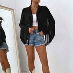Women's Solid Color Fashion Lapel Loose Fit Fringe Long Sleeve Jacket - Stylish Tassel Detail On Chest & Sleeves For Fall&Winter Casual Wear