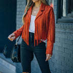 Women's Notched Collar Open-Front Fringed Jacket Casual Faux Suede Tassel Motorcycle Cropped Jacket