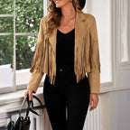 Women's Notched Collar Open-Front Fringed Jacket Casual Faux Suede Tassel Motorcycle Cropped Jacket