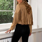 Women's Notched Collar Open-Front Fringed Jacket Casual Faux Suede Tassel Motorcycle Cropped Jacket