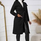 Women's Collar Solid Color Pocket Belt Design Basic Simple And Warm Autumn And Winter Coat Jacket
