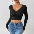 Cross V-neck Cropped Top Slim Fit Slimming Sweater