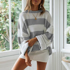 Loose Striped Sweater Fashion Casual Long Batwing Sleeve Round Neck Pullover Knit Tops Women Clothing