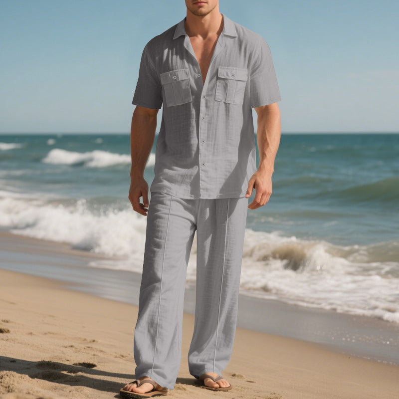 Simple Workwear Short Sleeve Shirt Trousers Suit Men