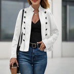Women's Stand Collar Double-Breasted Jacket - Solid Color Long Sleeve Streetwear Coat Lightweight Spring&Fall Fashion
