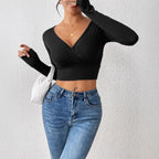 Cross V-neck Cropped Top Slim Fit Slimming Sweater