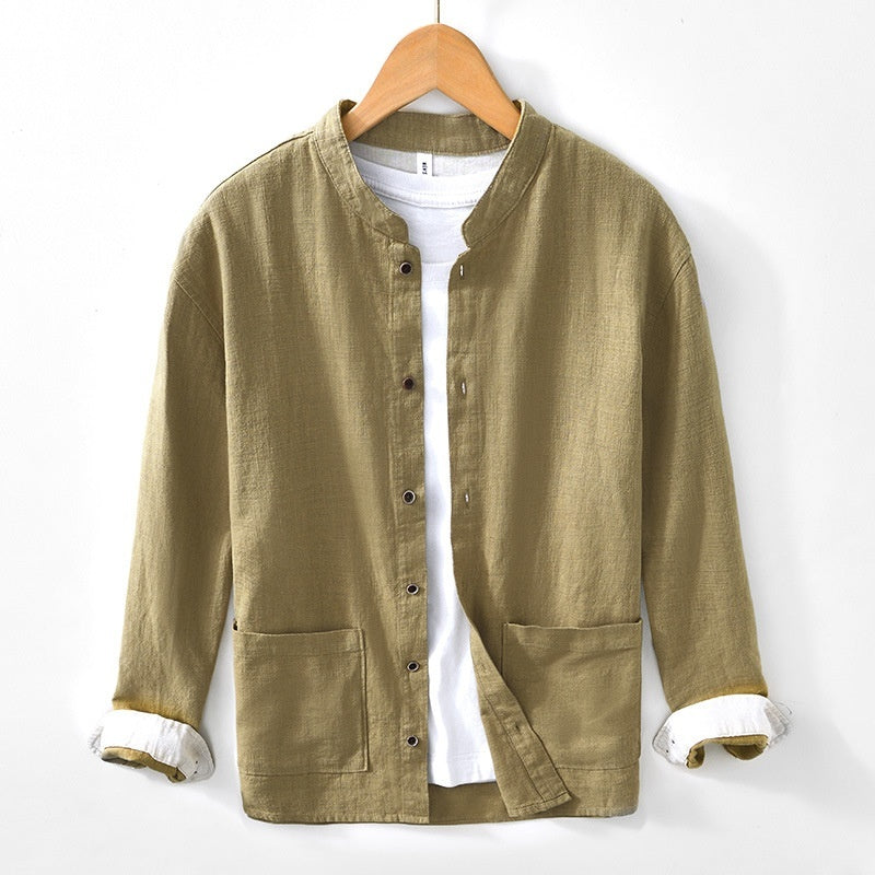 Chinese-style Stand Collar Ramie Long-sleeved Shirt Breathable Linen Casual Chinese-style Shirt For Men