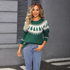 Women's Round Neck Jacquard Christmas Tree Green Sweater