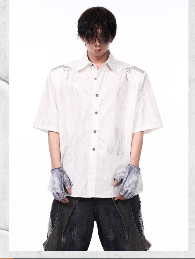 Spine Snake-shaped Shoulder Pad White Shirt Men's Beaded Gold-plated Short Sleeve