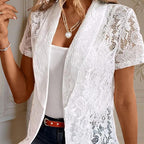 Elegant Solid Color Women's Lace Cardigan - Stylish Breathable Slim-Fit Spring&Summer Blouse With Floral Lace Detail