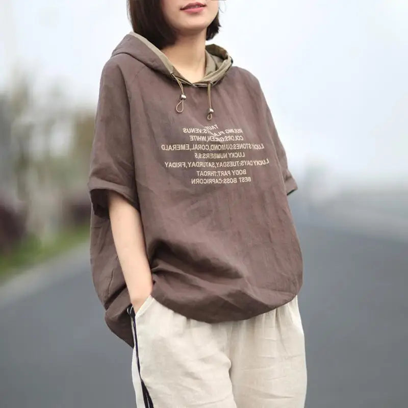 2024 New Summer Fashion Versatile Simple Casual Sports Loose Oversized Letter Printed Short Sleeved Hooded Women's Hoodie Top