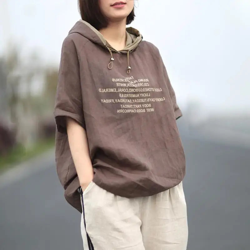 2024 New Summer Fashion Versatile Simple Casual Sports Loose Oversized Letter Printed Short Sleeved Hooded Women's Hoodie Top