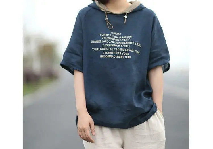 2024 New Summer Fashion Versatile Simple Casual Sports Loose Oversized Letter Printed Short Sleeved Hooded Women's Hoodie Top