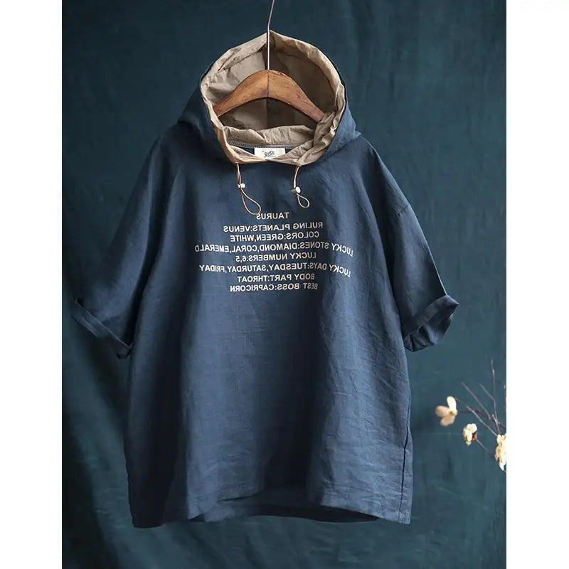 2024 New Summer Fashion Versatile Simple Casual Sports Loose Oversized Letter Printed Short Sleeved Hooded Women's Hoodie Top