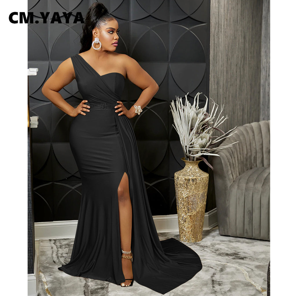 CM.YAYA One Shoulder Skew Neck Tassel Side Floor Length Mermaid Long Maxi Dress Women 2022 Sexy Party Club Even Prom Dresses