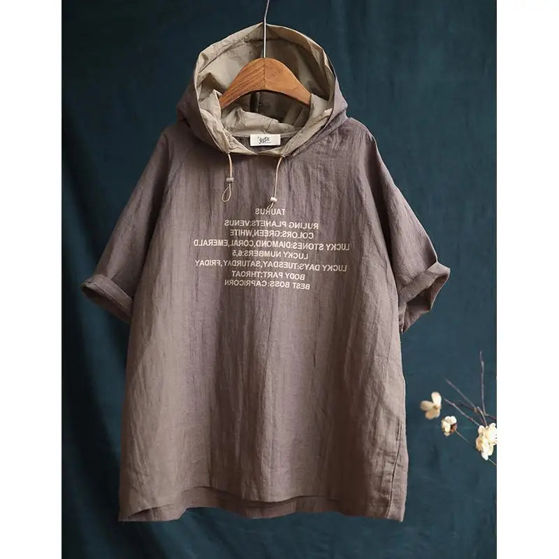 2024 New Summer Fashion Versatile Simple Casual Sports Loose Oversized Letter Printed Short Sleeved Hooded Women's Hoodie Top