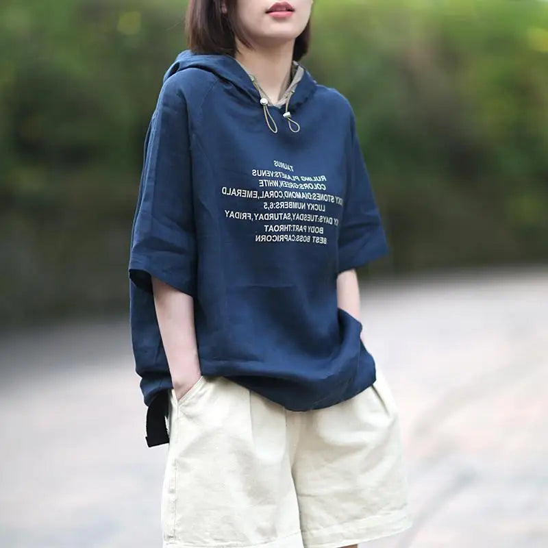 2024 New Summer Fashion Versatile Simple Casual Sports Loose Oversized Letter Printed Short Sleeved Hooded Women's Hoodie Top