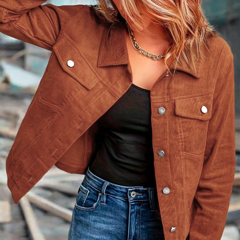 Women's Corduroy Long Sleeve Jacket - Casual Button-Up Coat With Flap Pockets, Fall & Spring Fashion Outerwear