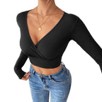 Cross V-neck Cropped Top Slim Fit Slimming Sweater
