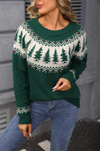 Women's Round Neck Jacquard Christmas Tree Green Sweater